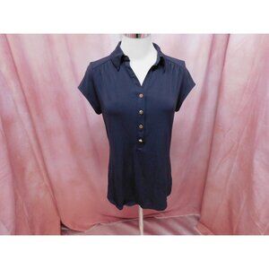 Charter Club Pleated Cap Sleeve Fitted Navy Blue Polo Top Medium